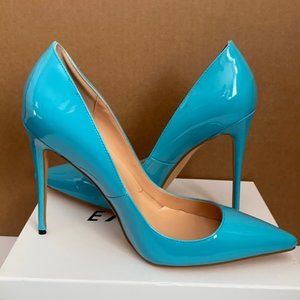 Ladies Turquoise Patent Leather Closed Toe Stiletto Heel Shoes Pumps Mult Szs